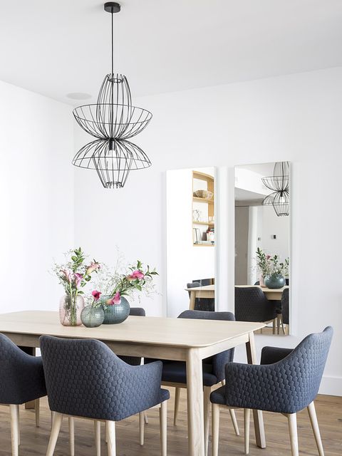 Dining room, Room, Furniture, White, Interior design, Table, Property, Chandelier, Wall, Ceiling, 