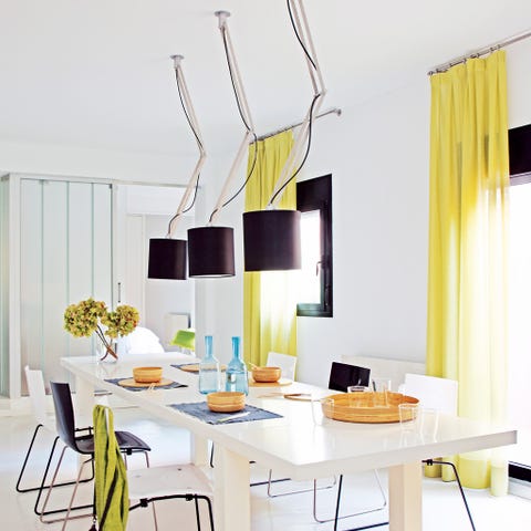 Yellow, Interior design, Room, Table, Furniture, Interior design, Window treatment, Home, Curtain, Window covering, 