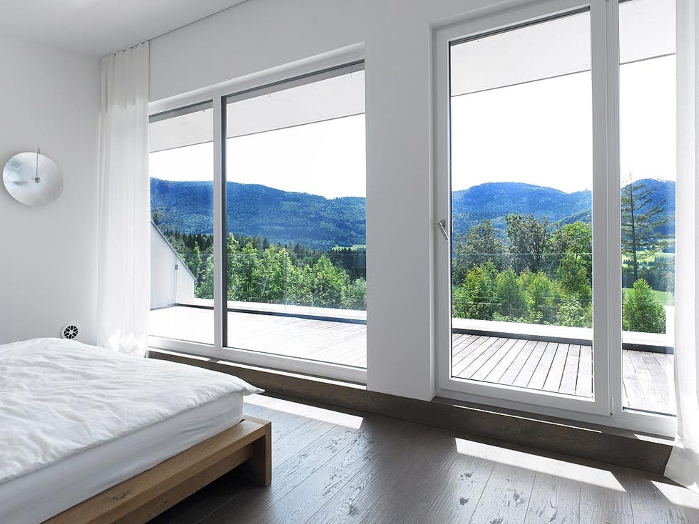 Blue, Architecture, Glass, Room, Bed, Interior design, Property, Floor, Real estate, Wall, 