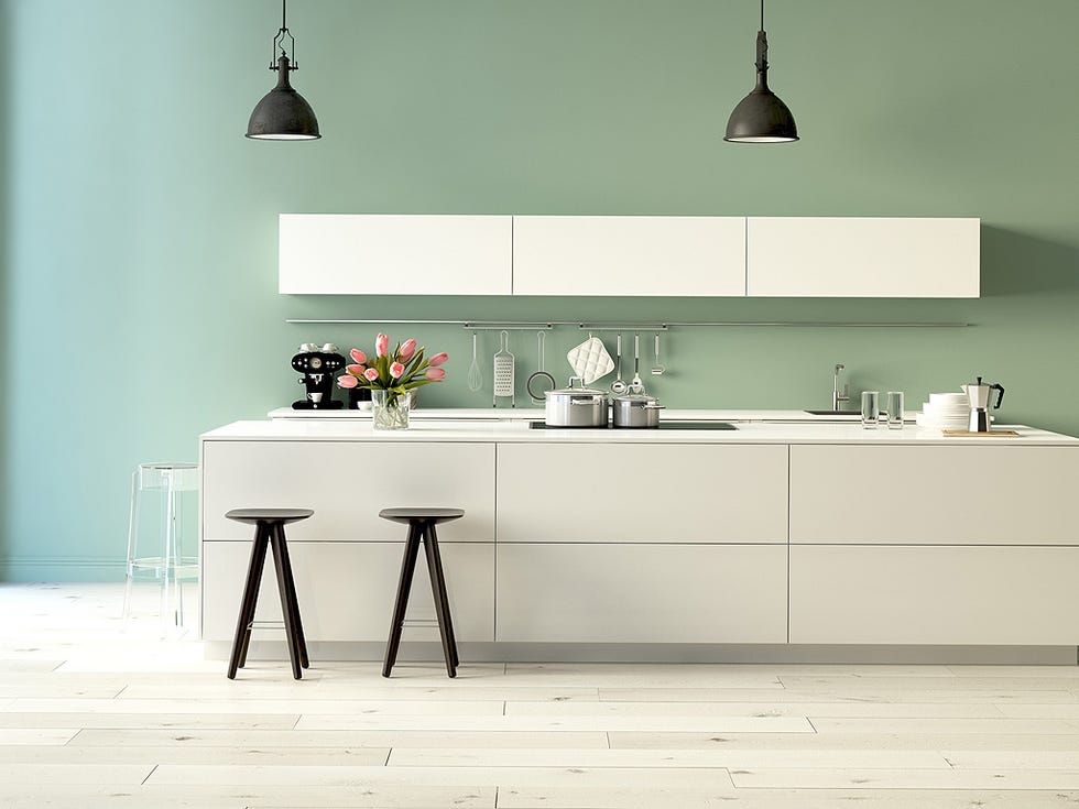 Room, Green, Interior design, Floor, White, Light fixture, Wall, Line, Turquoise, Teal, 