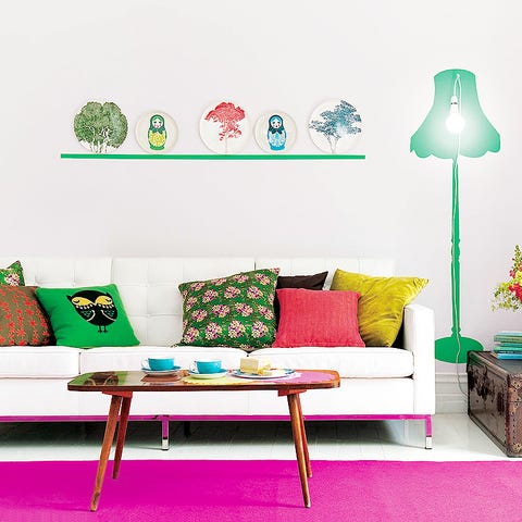 Green, Room, Interior design, Furniture, Wall, White, Red, Living room, Pink, Pillow, 
