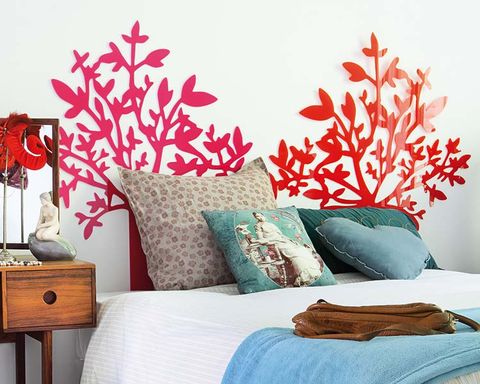 Room, Textile, Wall, Furniture, Red, Linens, Bedding, Interior design, Bedroom, Pillow, 