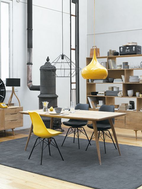 Yellow, Table, Furniture, Floor, Hardwood, Iron, Design, Mechanical fan, Plywood, Wood flooring, 
