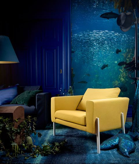 Blue, Turquoise, Couch, Furniture, Room, Sky, Living room, Lighting, Interior design, Wall, 