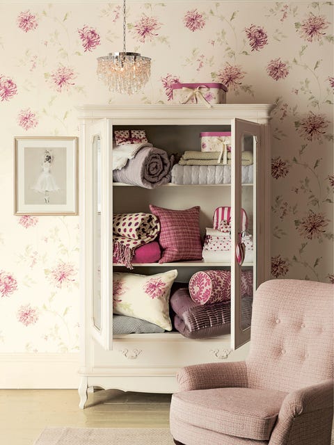 Room, Interior design, Textile, Pink, Wall, Purple, Interior design, Wallpaper, Peach, Shelving, 