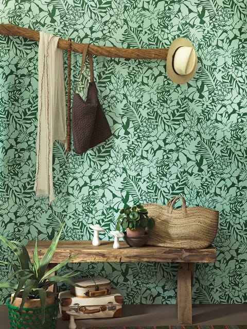 Green, Wall, Wallpaper, Interior design, Shelf, Room, Turquoise, Textile, Furniture, Curtain, 