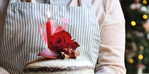 Red, Cake, Hand, Food, Dessert, Flower, Wedding ceremony supply, Plant, Table, 