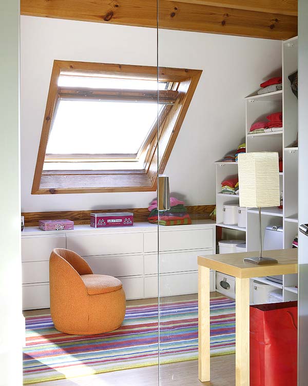 Shelf, Room, Furniture, Interior design, Orange, Shelving, Stairs, Attic, House, Building, 