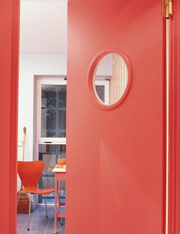 Red, Interior design, Room, Orange, Fixture, Material property, Coquelicot, Rectangle, Arch, Paint, 