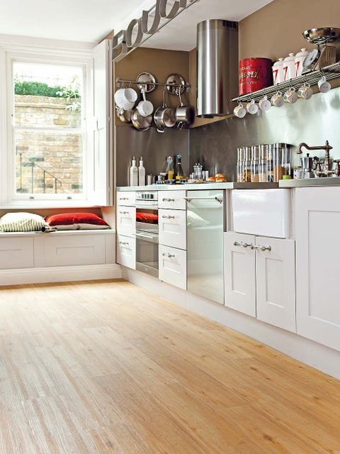 Wood, Floor, Room, Interior design, Flooring, White, Cupboard, Wood flooring, Cabinetry, Kitchen, 