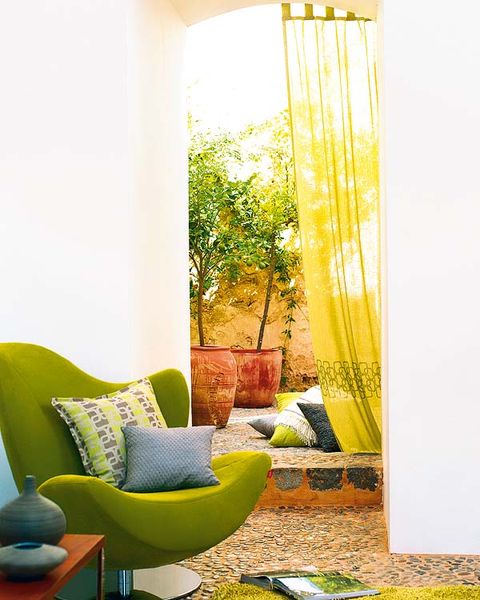 Yellow, Green, Interior design, Room, Furniture, Chair, Fixture, Interior design, Tints and shades, Sunlight, 