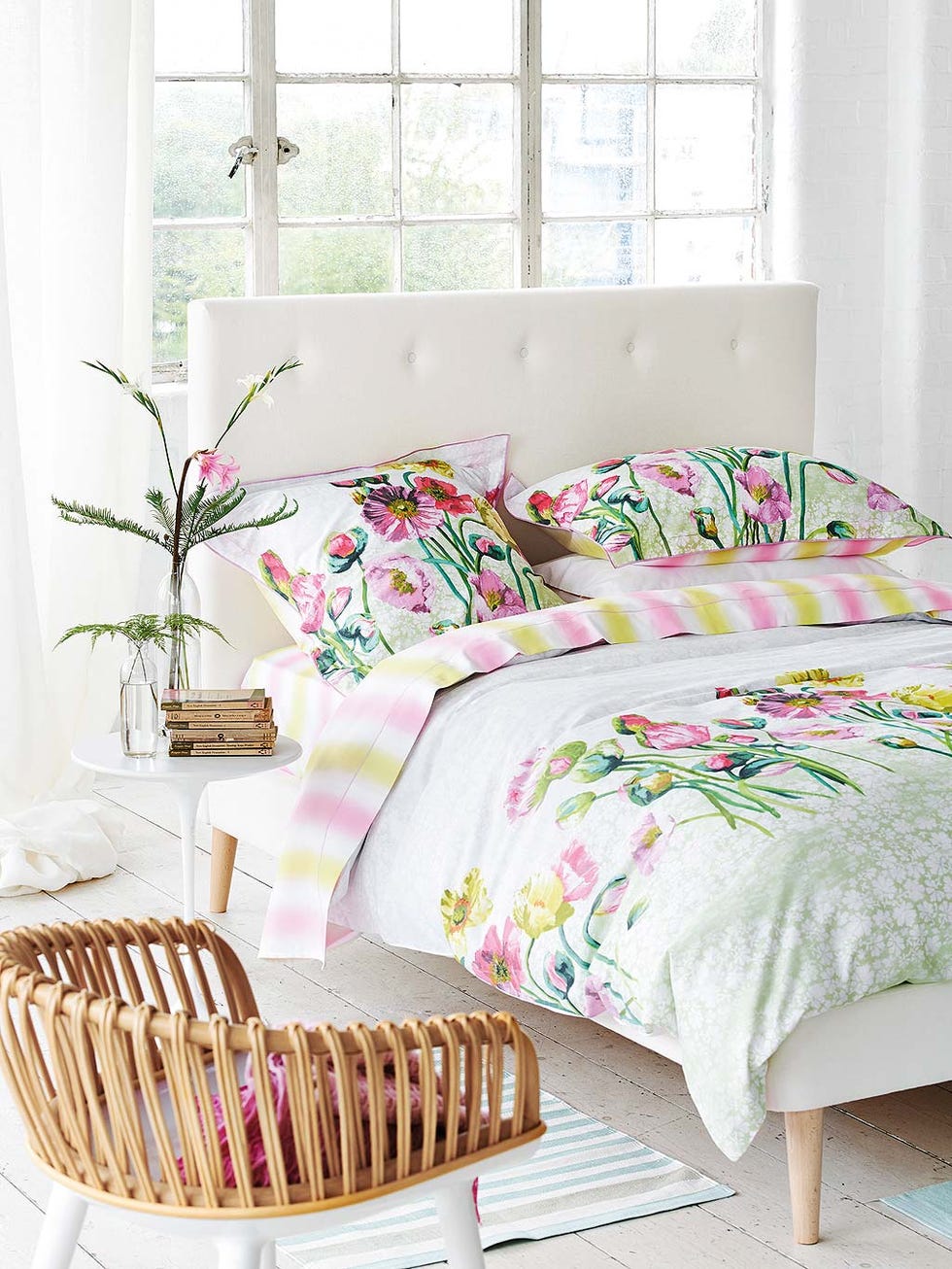 Furniture, Bed sheet, Bed, Bedding, Bedroom, Room, Bed frame, Pink, Interior design, Yellow, 