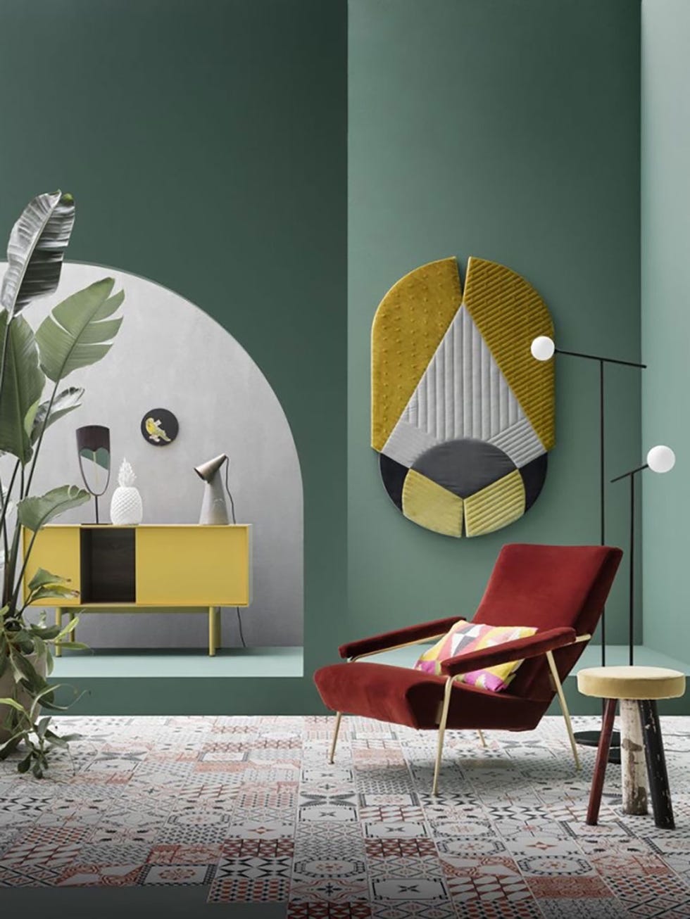 Room, Interior design, Furniture, Green, Living room, Yellow, Wall, Table, House, Floor, 