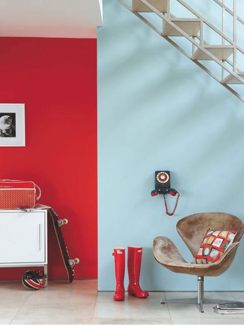 Red, Wall, Room, Orange, Interior design, Wallpaper, Furniture, Chair, Table, Floor, 
