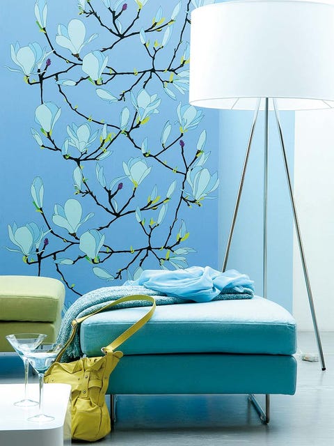 Blue, Branch, Room, Interior design, Twig, Wall, Turquoise, Teal, Aqua, Interior design, 