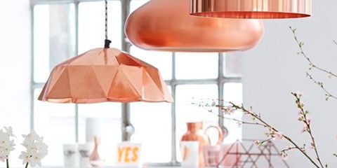 Orange, Room, Dining room, Lighting, Pink, Interior design, Lampshade, Lamp, Furniture, Table, 