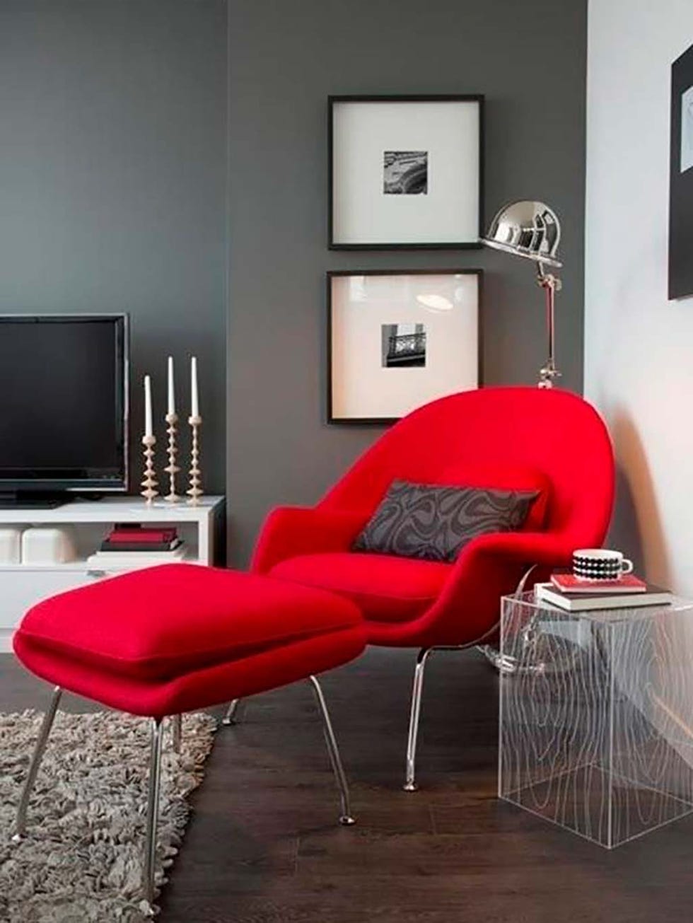 Furniture, Red, Room, Interior design, Living room, Chair, Table, Couch, Coffee table, Material property, 