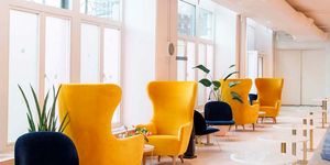 Yellow, Furniture, Interior design, Chair, Room, Orange, Table, Design, Floor, Living room, 