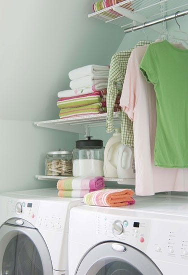 Laundry room, Laundry, Room, Washing machine, Shelf, Clothes dryer, Pink, Major appliance, Furniture, Home appliance, 