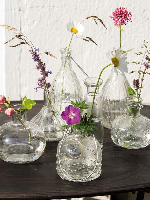 Petal, Flower, Serveware, Glass, Purple, Artifact, Floristry, Table, Cut flowers, Flower Arranging, 