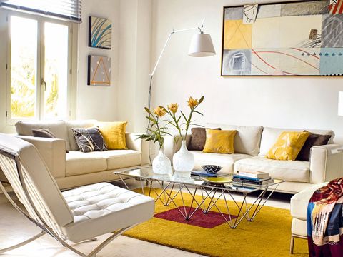 Interior design, Room, Yellow, Living room, Home, Wall, Furniture, Table, Couch, Floor, 