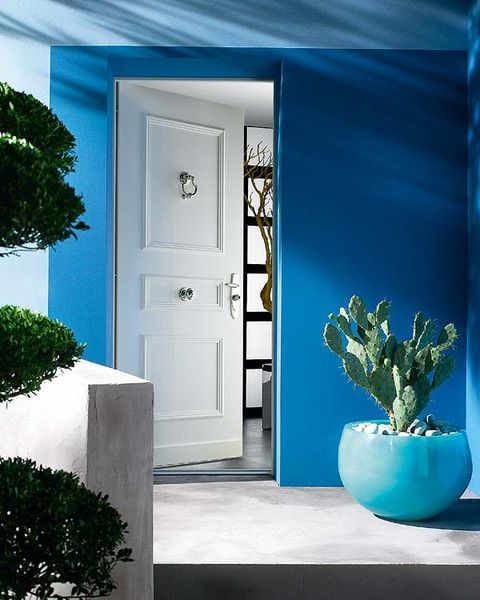 Blue, Green, Door, Home door, Majorelle blue, Wall, Flowerpot, Fixture, Turquoise, Azure, 