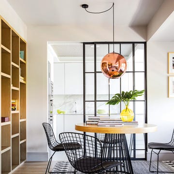 Room, Dining room, Interior design, Yellow, Furniture, Floor, Ceiling, Table, Orange, Property, 