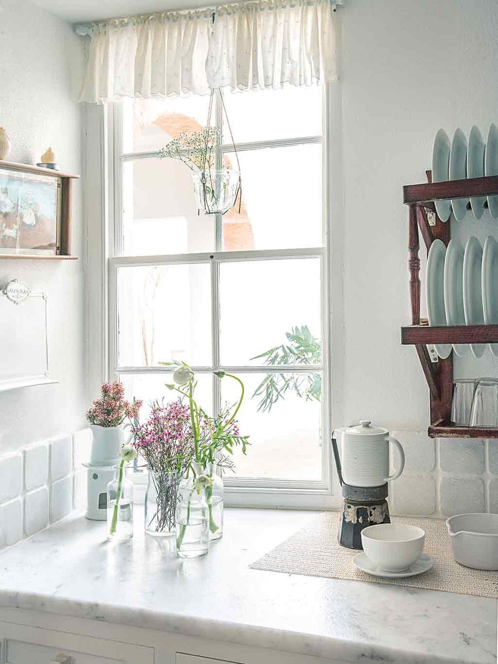 White, Room, Curtain, Interior design, Bathroom, Furniture, Floor, Home, Shelf, Window, 