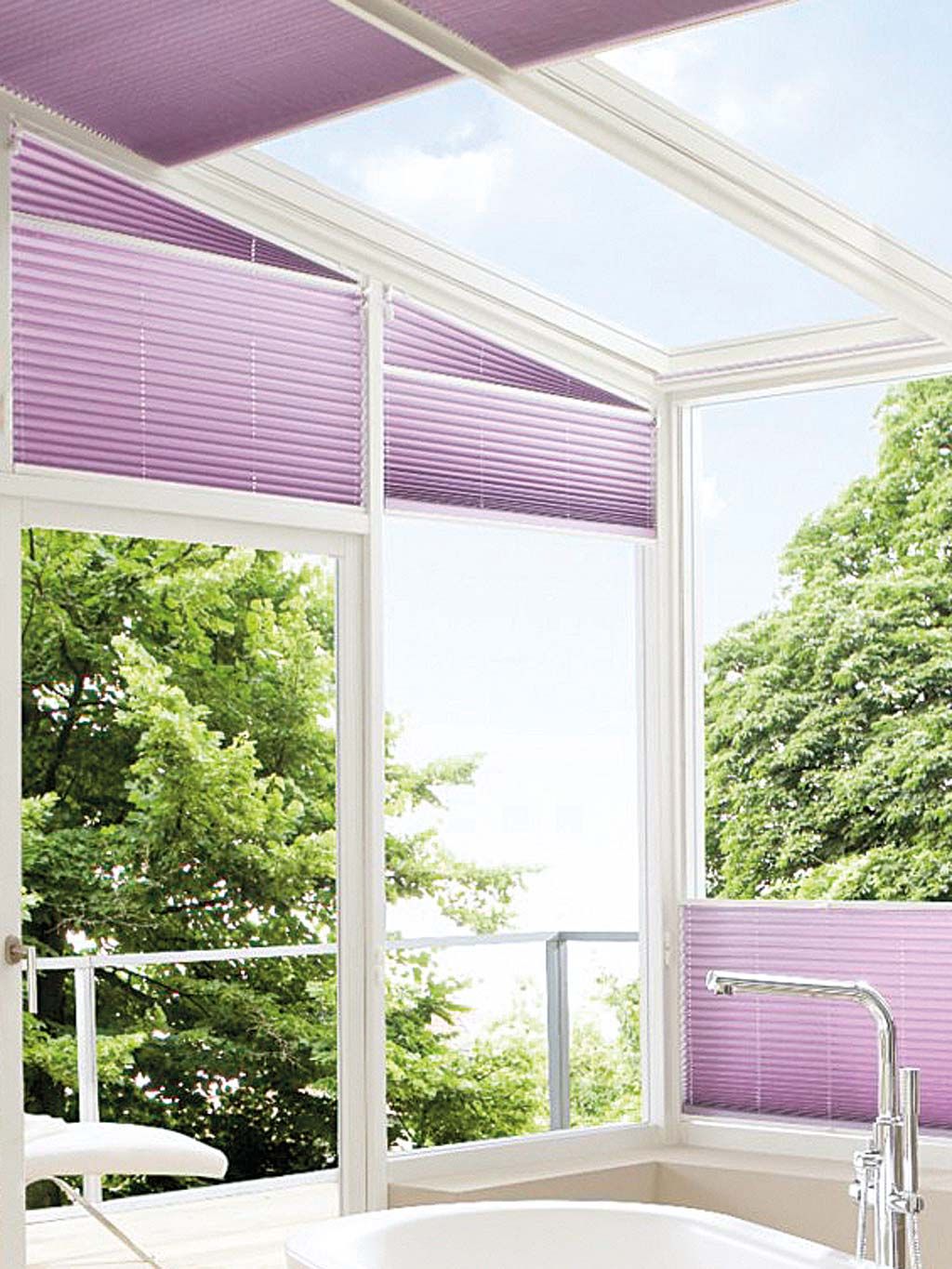 Architecture, Property, Glass, Real estate, Purple, Interior design, Shade, Bathtub, Lavender, Fixture, 