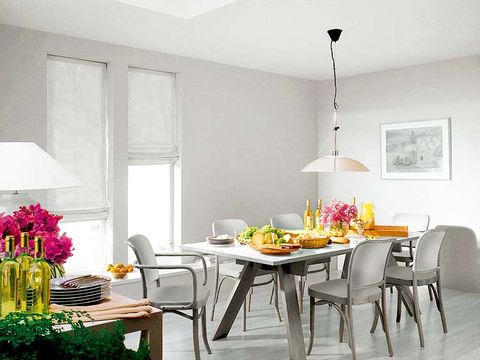 Room, Yellow, Interior design, Furniture, Table, White, Interior design, Ceiling, Dining room, Home, 
