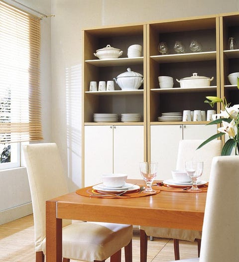 Wood, Room, Serveware, Window covering, Interior design, Shelf, Table, Furniture, Shelving, Window blind, 