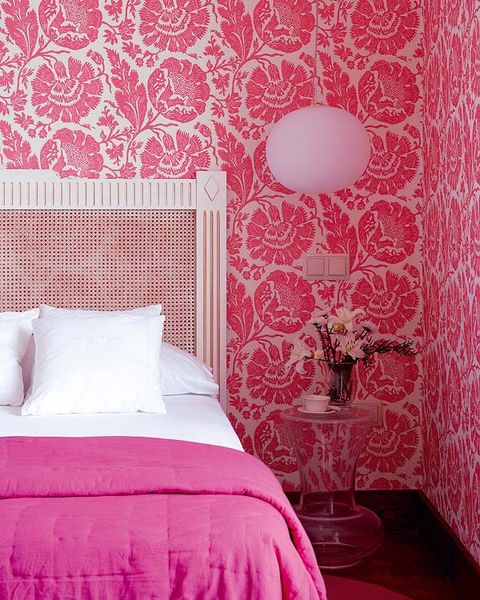 Bed, Room, Interior design, Textile, Wall, Bedding, Bedroom, Red, Pink, Magenta, 