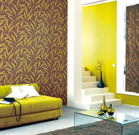 Room, Yellow, Interior design, Green, Wall, Interior design, Couch, Living room, Wallpaper, Pillow, 