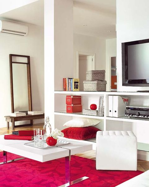 Room, Interior design, Display device, Television set, Wall, Red, Flat panel display, Furniture, Television, Home, 