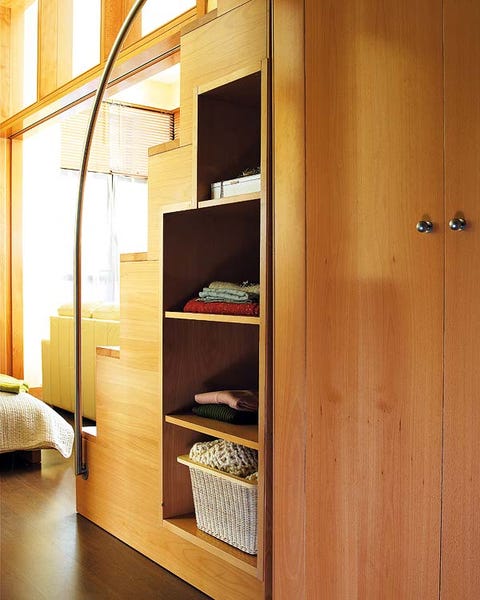 Wood, Room, Interior design, Shelf, Wall, Bed, Shelving, Hardwood, Bedroom, Plywood, 