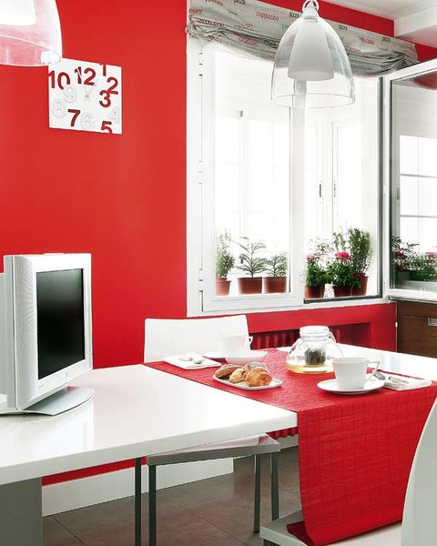 Room, Interior design, Red, Table, Display device, Furniture, Interior design, Flat panel display, Light fixture, Television accessory, 
