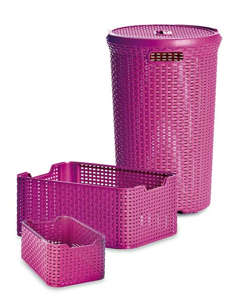 Magenta, Pink, Purple, Violet, Maroon, Wicker, Laundry basket, Home accessories, Cylinder, Plastic, 