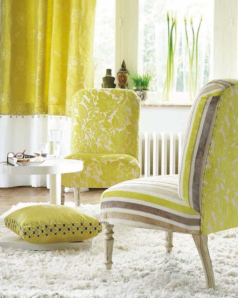 Green, Yellow, Room, Interior design, Furniture, Interior design, Curtain, Window treatment, Lamp, Wallpaper, 