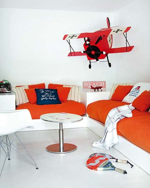 Helicopter, Room, Interior design, Red, Rotorcraft, White, Wall, Aircraft, Living room, Furniture, 