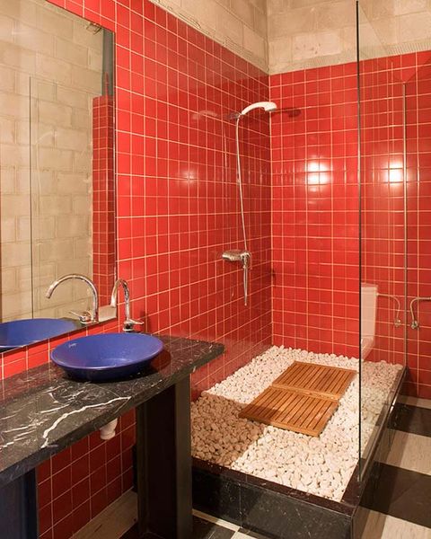 Architecture, Plumbing fixture, Property, Tile, Wall, Room, Bathroom sink, Floor, Red, Flooring, 