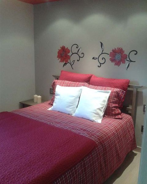 Bed, Room, Lighting, Interior design, Bedding, Bedroom, Wall, Textile, Bed sheet, Red, 
