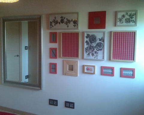 Wall, Interior design, Fixture, Light fixture, Rectangle, Collection, Paint, Molding, Home door, Mirror, 