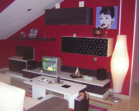 Room, Interior design, Electronic device, Table, Display device, Interior design, Living room, Lamp, Home appliance, Computer desk, 