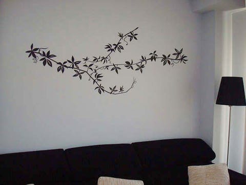 Room, Interior design, Wall, White, Couch, Wall sticker, Black-and-white, Lampshade, Lamp, Interior design, 