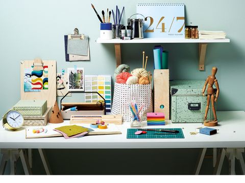 Shelf, Turquoise, Furniture, Desk, Shelving, Room, Table, Design, Office, Computer desk, 