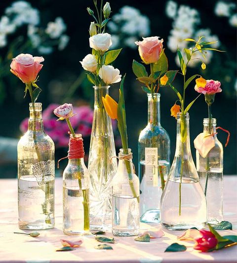 Glass, Glass bottle, Bottle, Barware, Drinkware, Petal, Flower, Floristry, Cut flowers, Centrepiece, 