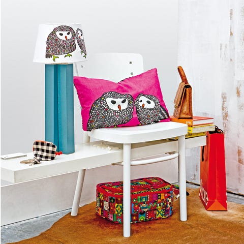 Room, Interior design, Textile, Pattern, Interior design, Bird of prey, Owl, Bird, Maroon, Cushion, 