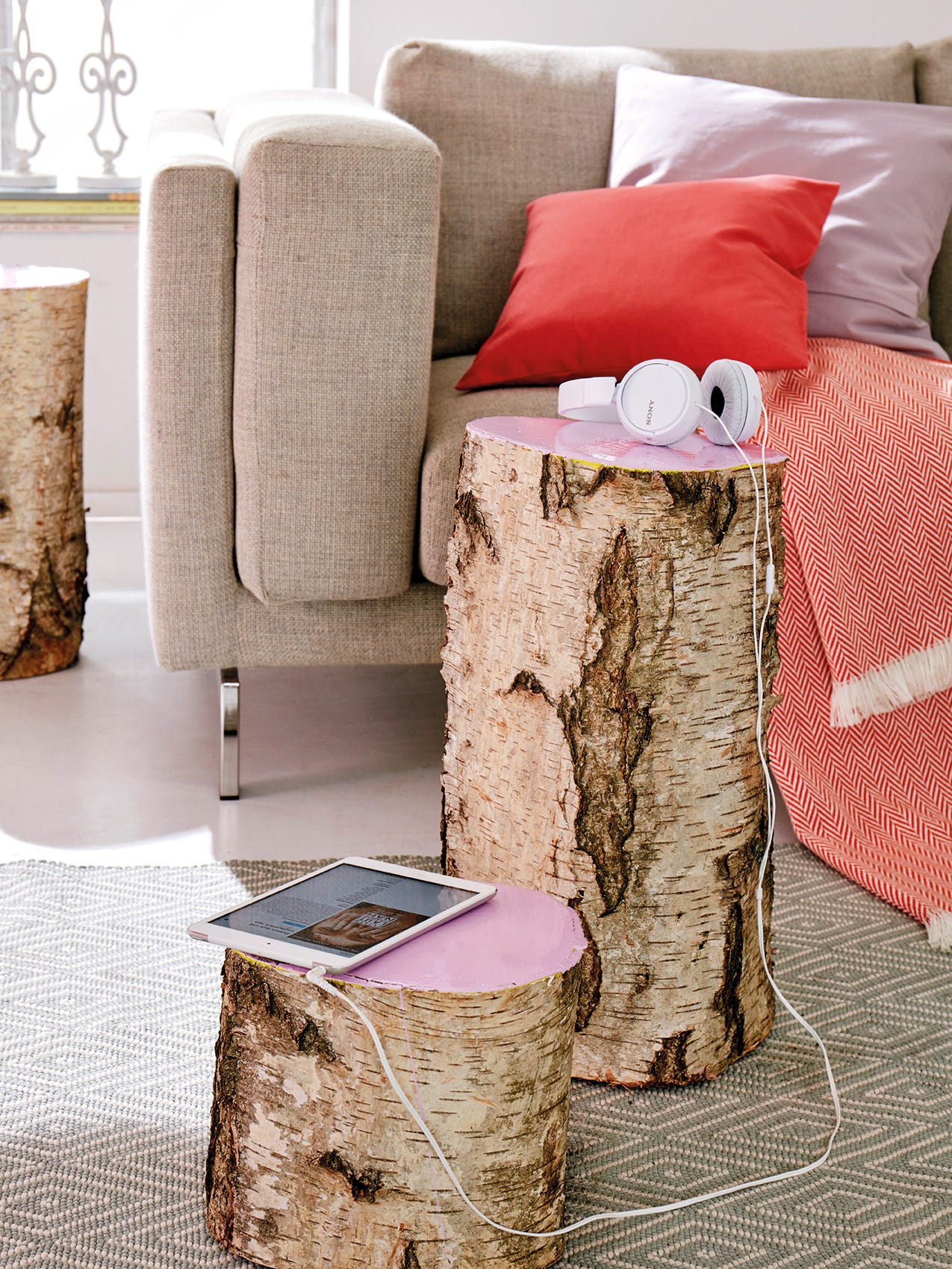 Tree stump, Tree, Table, Furniture, Pink, Room, Trunk, Interior design, Slipcover, Coffee table, 