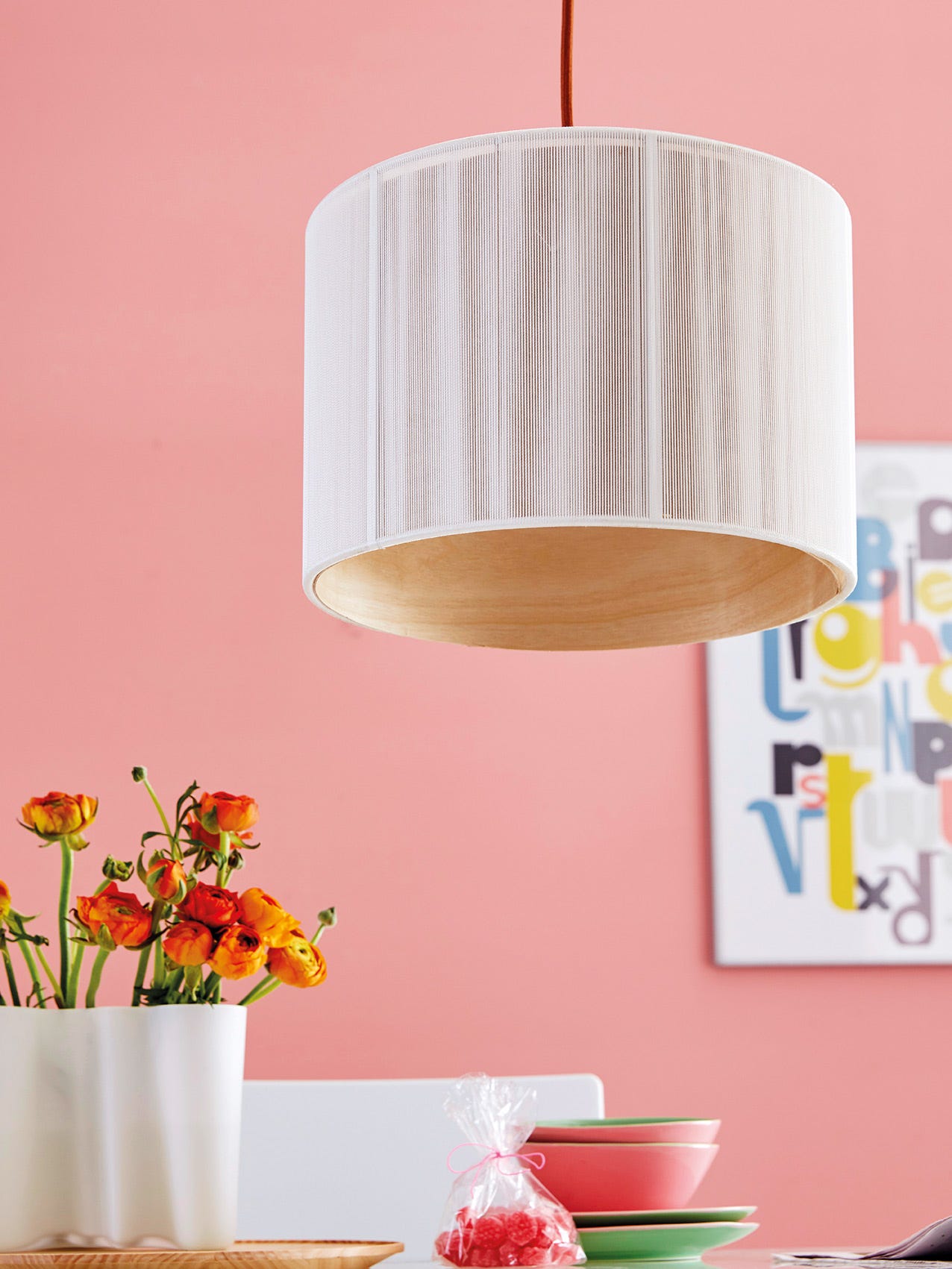 Lampshade, Lighting accessory, Lamp, Light fixture, Orange, Lighting, Ceiling, Pink, Yellow, Room, 