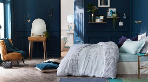 Bedroom, Furniture, Blue, Room, Bed, Bed sheet, Interior design, Wall, Bed frame, Turquoise, 